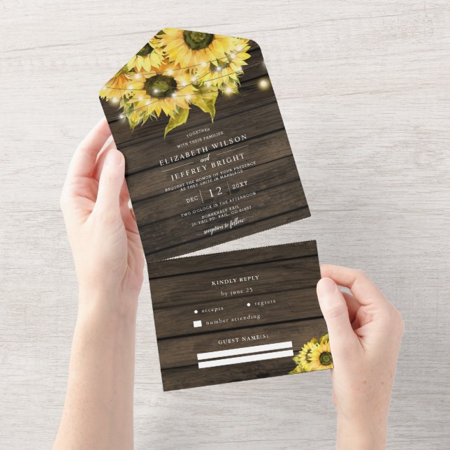 Invitation Tout En Un Barne Rustique Bois Sunflowers à cordes Mariage (Déchirure)