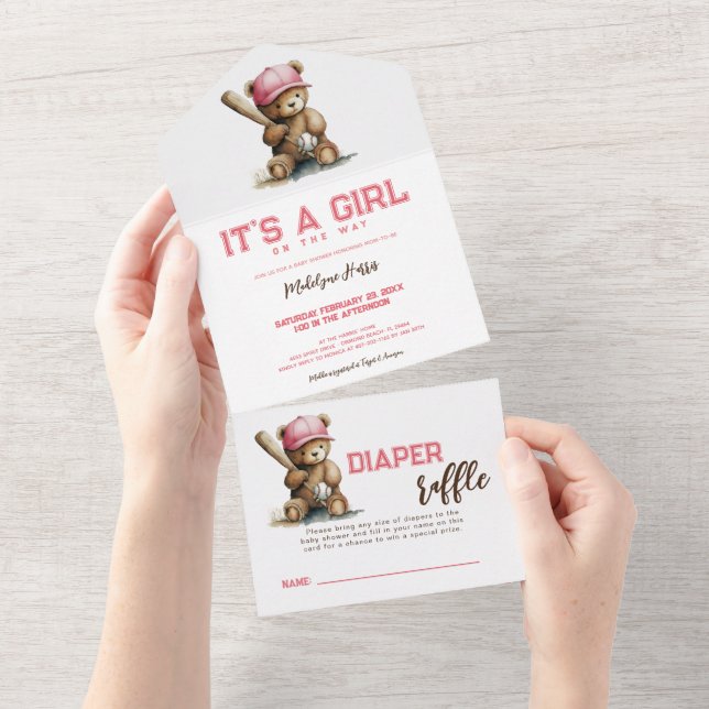 Invitation Tout En Un Baseball Teddy Bear QR RSVP Diaper raffle (Déchirure)