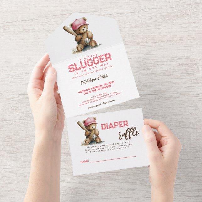 Invitation Tout En Un Baseball Teddy Bear QR RSVP Diaper raffle (Déchirure)