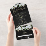 Invitation Tout En Un Bat mitzvah Black Gold Script Aquarelle Floral<br><div class="desc">Soyez fier, réjouissez-vous et présentez ce jalon de votre Bat mitzvah préféré avec cette invitation tout-en-un sophistiquée, moderne et personnalisée pour un événement à retenir. Une aquarelle florale chic, étonnante, blanche et or parties scintillant, typographie de scénario de feuille d'or faux et blanc sans serif type superposent un arrière -...</div>