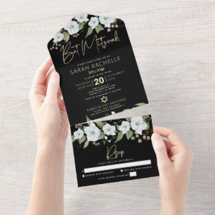 Invitation Tout En Un Bat mitzvah Black Gold Script Aquarelle Floral