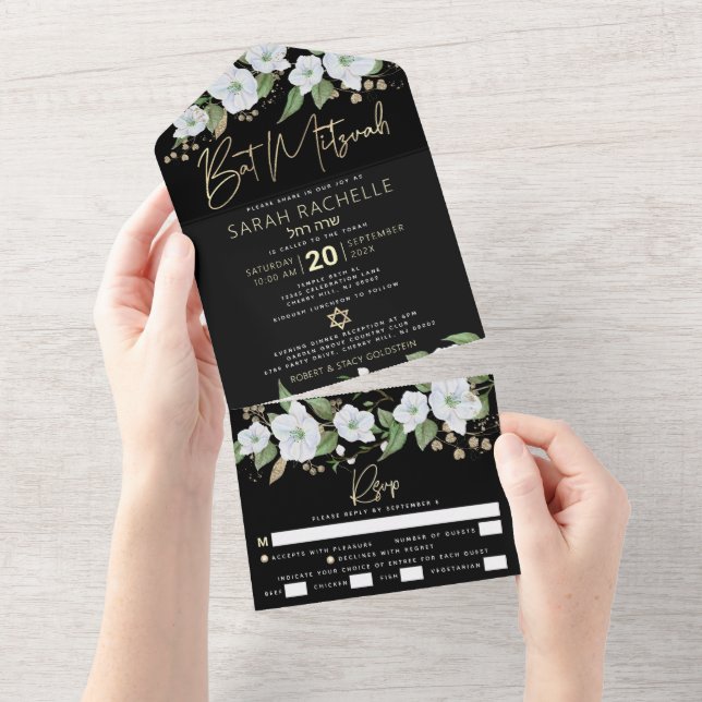 Invitation Tout En Un Bat mitzvah Black Gold Script Aquarelle Floral (Déchirure)