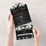 Invitation Tout En Un Bat mitzvah Black Gold Script Aquarelle Floral<br><div class="desc">Soyez fier, réjouissez-vous et présentez ce jalon de votre Bat mitzvah préféré avec cette invitation tout-en-un sophistiquée, moderne et personnalisée pour un événement à retenir. Une aquarelle florale chic, étonnante, blanche et faux or parties scintillant, typographie de scénario de feuille d'or faux et blanc sans serif type superposent un arrière...</div>