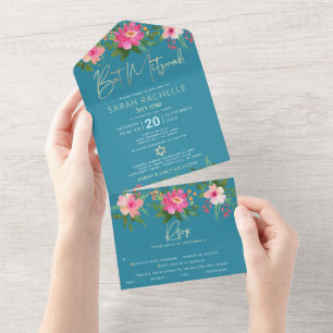 Invitation Tout En Un Bat mitzvah Blue Gold Type Floral Watercolor Party