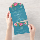 Invitation Tout En Un Bat mitzvah Blue Gold Type Floral Watercolor Party<br><div class="desc">Soyez fier, réjouissez-vous et présentez cette étape importante de votre Bat mitzvah préféré ! Envoyez cette magnifique invitation tout-en-un moderne et personnalisée pour un événement à retenir. Une aquarelle florale chic, étonnante, rose et pêche, avec typographie de scénario de feuille d'or faux et type moderne blanc sans serif superposent un...</div>