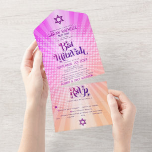 Invitation Tout En Un Bat Mitzvah Boho Rétro Dégradé Rose Orange Gras