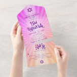 Invitation Tout En Un Bat mitzvah Boho Retro rose orange dégradé gras<br><div class="desc">Soyez fier, réjouissez-vous et présentez ce jalon de votre Bat mitzvah préféré avec cette amusante boho retro, invitation tout-en-un personnalisée pour un événement à retenir. La typographie hip, super, audacieuse, rose brun et violette avec la typographie sans serif moderne superpose un arrière - plan de rayons pop orange et rose...</div>