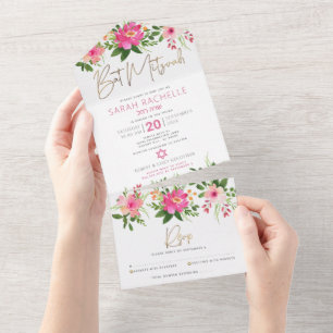 Invitation Tout En Un Bat mitzvah Gold Script rose Floral Aquarelle
