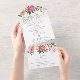 Invitation Tout En Un Bat mitzvah Gold Type Pink Floral Watercolor Party