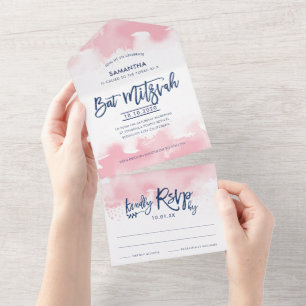 Invitation Tout En Un BAT MITZVAH lettrage main moderne aquarelle rose