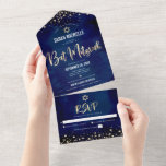 Invitation Tout En Un Bat mitzvah Marine Parties scintillant or Script M<br><div class="desc">Soyez fier, réjouissez-vous et présentez cette étape importante de votre Bat mitzvah préféré ! Envoyez cette invitation de nom hébreu étonnante, moderne, sophistiquée, personnalisée pour un événement à retenir. Le script de calligraphie de feuille d'or, Star of David, et les confettis, superposent un arrière - plan d'aquarelle bleu marine, riche,...</div>