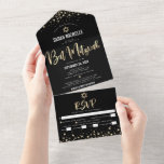 Invitation Tout En Un Bat mitzvah moderne Black Gold Parties scintillant<br><div class="desc">Soyez fier, réjouissez-vous et présentez cette étape importante de votre Bat mitzvah préféré ! Envoyez cette magnifique invitation tout-en-un moderne et personnalisée pour un événement à retenir. Maillot d'or brillant, points de parties scintillant et script de typographie superposent un arrière - plan noir riche, dramatique. Ce produit tout-en-un est une...</div>
