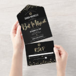 Invitation Tout En Un Bat mitzvah moderne Black Gold Parties scintillant<br><div class="desc">Soyez fier, réjouissez-vous et présentez cette étape importante de votre Bat mitzvah préféré ! Envoyez cette magnifique invitation tout-en-un moderne et personnalisée pour un événement à retenir. Maillot d'or brillant, points de parties scintillant et script de typographie superposent un arrière - plan noir riche, dramatique. Ce produit tout-en-un est une...</div>