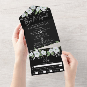 Invitation Tout En Un Bat Mitzvah Noir Argent Écriture Aquarelle Floral