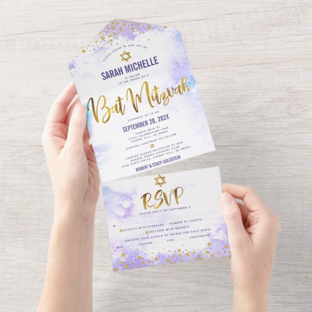Invitation Tout En Un Bat mitzvah Purple Watercolor Gold Script Party (Déchirure)