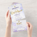 Invitation Tout En Un Bat mitzvah Purple Watercolor Gold Script Party<br><div class="desc">Soyez fier, réjouissez-vous et présentez cette étape importante de votre Bat mitzvah préféré ! Envoyez cette magnifique invitation tout-en-un moderne et personnalisée pour un événement à retenir. Un arrière - plan d'aquarelle violet clair, des points de parties scintillant et un script de typographie superposent un faux feuillet d'or brillant. Ce...</div>