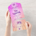 Invitation Tout En Un Bat mitzvah Retro Boho rose orange dégradé gras<br><div class="desc">Soyez fier, réjouissez-vous et présentez ce jalon de votre Bat mitzvah préféré avec cette amusante boho retro, invitation tout-en-un personnalisée pour un événement à retenir. La typographie hip, tendance, audacieuse, rose brun et violet avec la typographie sans serif moderne recouvre un arrière - plan de rayons pop orange et rose...</div>