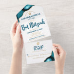 Invitation Tout En Un Bat mitzvah Turquoise Agate Script Bold Modern<br><div class="desc">Soyez fier, réjouissez-vous et présentez cette étape importante de votre Bat mitzvah préféré ! Envoyez cette invitation tout-en-un cool, unique, moderne et personnalisée pour un événement à retenir. La typographie de script bleu foncé et l'étoile faux or de David superposent un arrière - plan blanc simple et propre avec agate...</div>