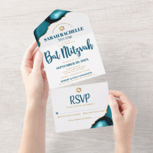 Invitation Tout En Un Bat Mitzvah Turquoise Agate Script Gras Moderne
