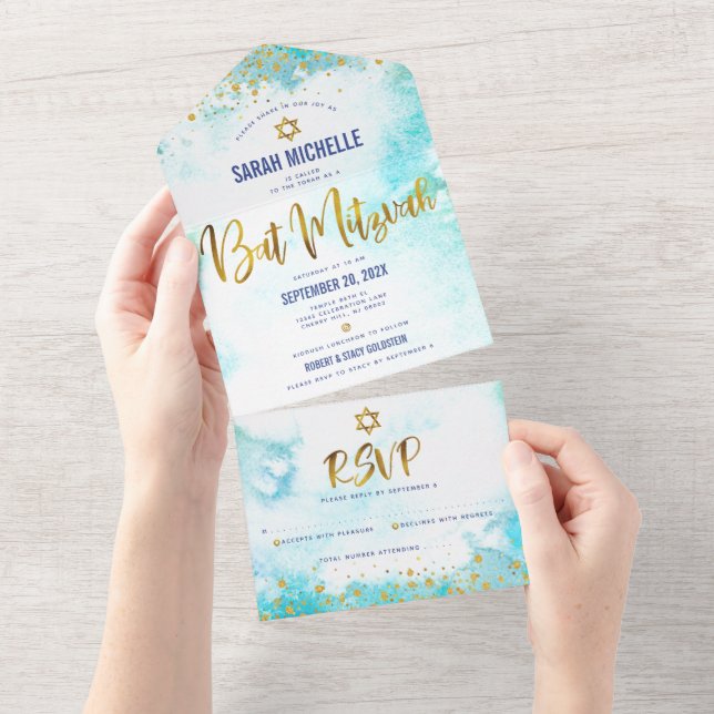 Invitation Tout En Un Bat mitzvah turquoise aquarelle or script girly (Déchirure)