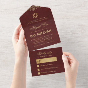 Invitation Tout En Un Bat mitzvah Vintage Élégant Burgundy Gold Script