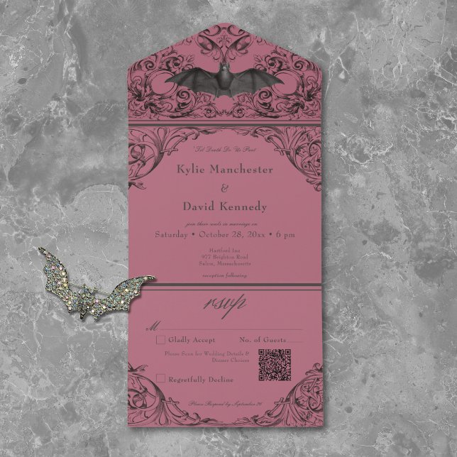 Invitation Tout En Un Bat victorien Til Death Black Wine Mariage QR Code (Créateur téléchargé)