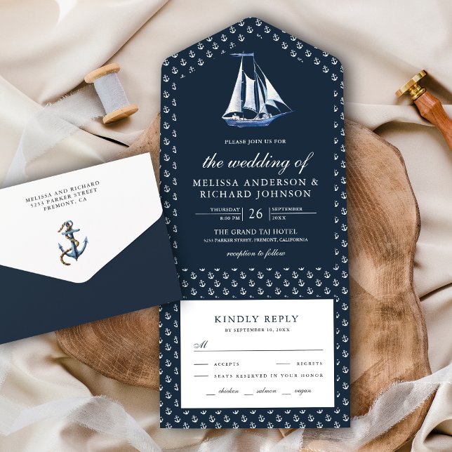 Invitation Tout En Un Bateau à voile rustique Mariage bleu marine (Créateur téléchargé)