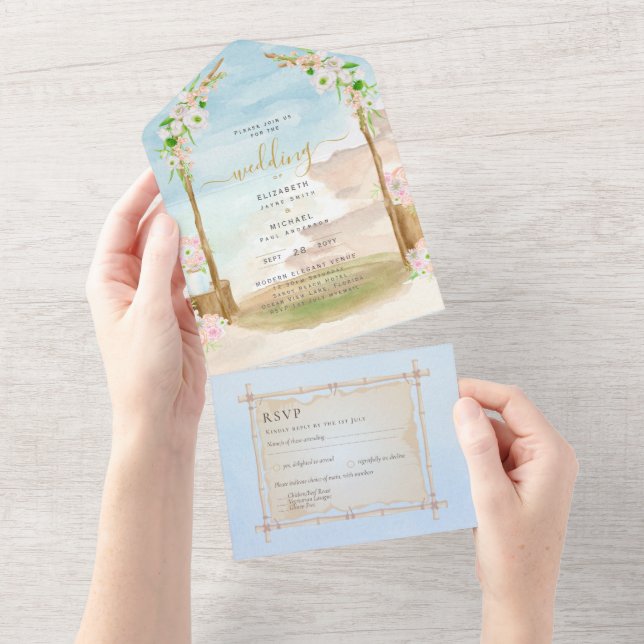 Invitation Tout En Un Beach Coastal Rustic Boho Wedding RSVP MENU (Déchirure)