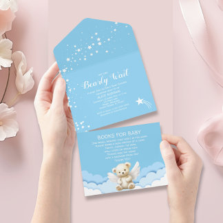 Invitation Tout En Un Bearly Wait Angel Teddy Bear Baby shower bleu
