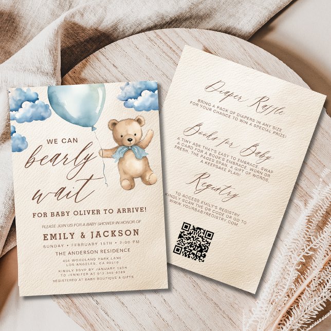Invitation Tout en un Bearly Wait Blue Boy Baby shower (Créateur téléchargé)