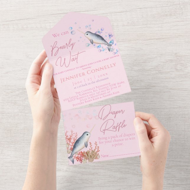 Invitation Tout En Un Beau océan Narwhal coquillages bulles Baby shower (Déchirure)