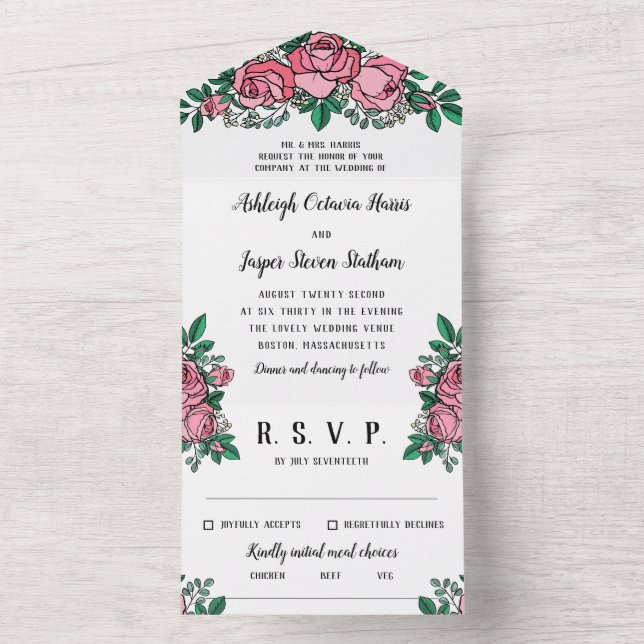 Invitation Tout En Un Beau rose Roses Mariage Floral (À l'intérieur)