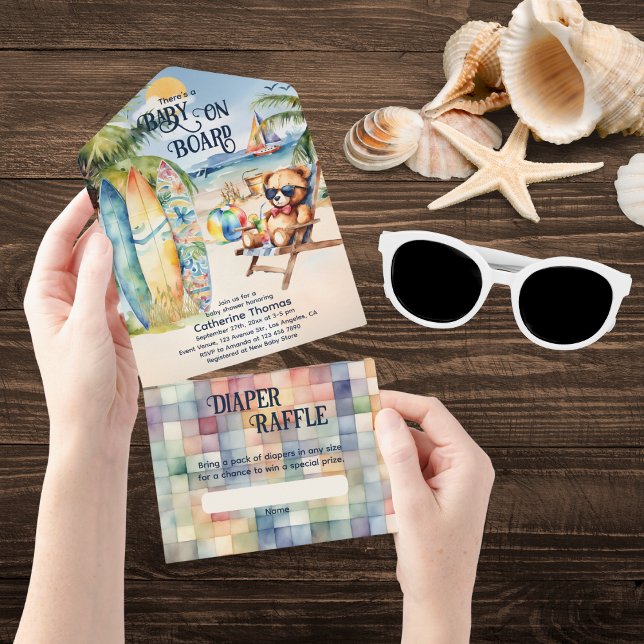 Invitation Tout En Un Bébé À Bord Surfboard Teddy Bear Baby shower (Créateur téléchargé)