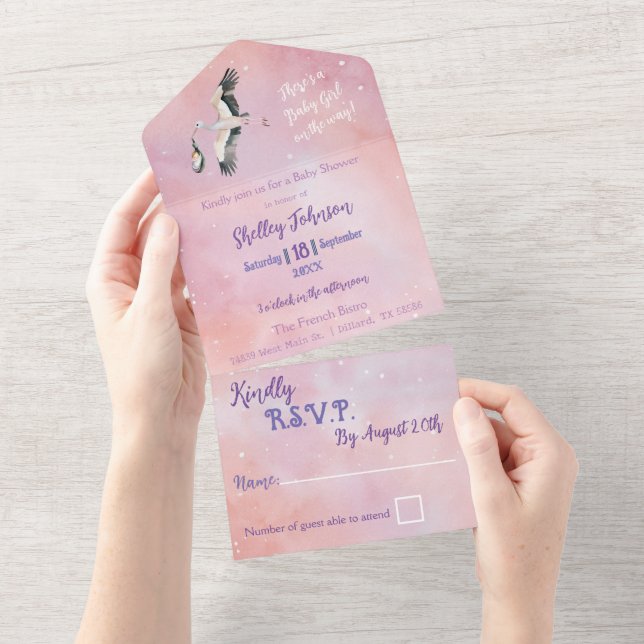 Invitation Tout En Un Bébé blanc fille sur le chemin Stork Sunset Sky (Déchirure)