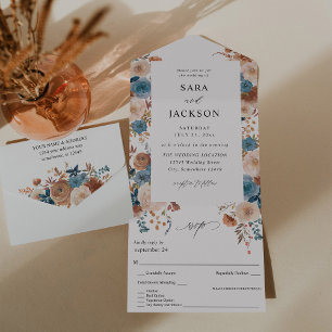 Invitation Tout En Un Beige & bleu Dusty Mariage Floral