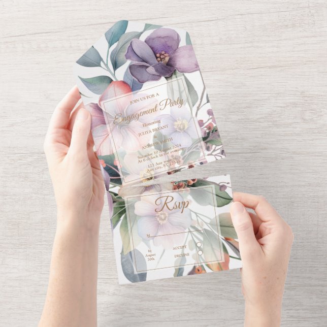 Invitation Tout En Un Belle aquarelle fleurie Partie d'engagement (Déchirure)