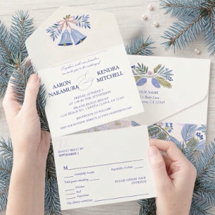 Invitation Tout En Un Belle Cloche de Mariage de Vacances Bleue