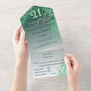 Invitation Tout En Un Belle Falling Green Parties scintillant 21e annive