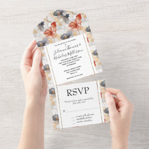 Invitation Tout En Un Belle Pêche féminine Bleu et Blanc Floral