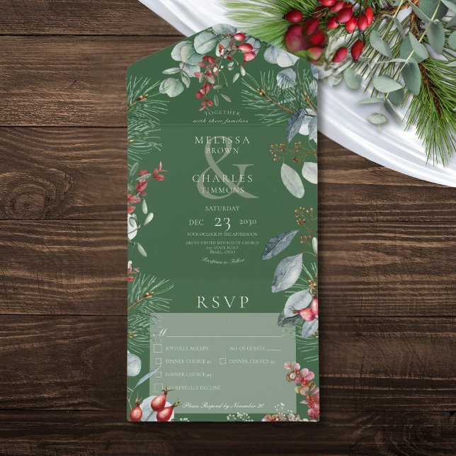 Invitation Tout En Un Berries de pin d'hiver vert Eucalyptus Trois Dîner (Green Winter Pine Berries Eucalyptus Three Dinner All In One Invitation)