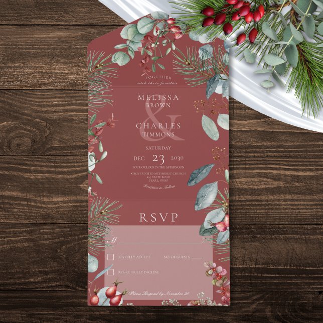 Invitation Tout En Un Berries de pin rouge Eucalyptus Pas de dîner (Red Winter Pine Berries Eucalyptus No Dinner All In One Invitation)