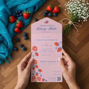 Invitation Tout En Un Berry Baby shower doux Fleurs et baies sauvages