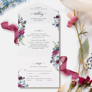 Invitation Tout En Un Berry, Bleu, Mariage Bourgogne avec Perforé RSVP