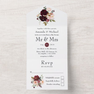 Invitation Tout En Un Berry de Bourgogne et Mariage floral blanc tout en