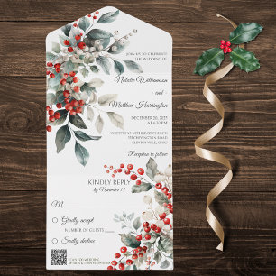 Invitation Tout En Un Berry Holly d'hiver avec code QR