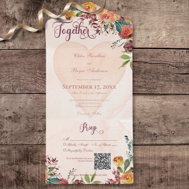 Invitation Tout En Un Bijou de Pêche Coeur Boho Floral Code QR (Floral Boho Heart Peach Jewel All In One Wedding Invitation with QR Code)