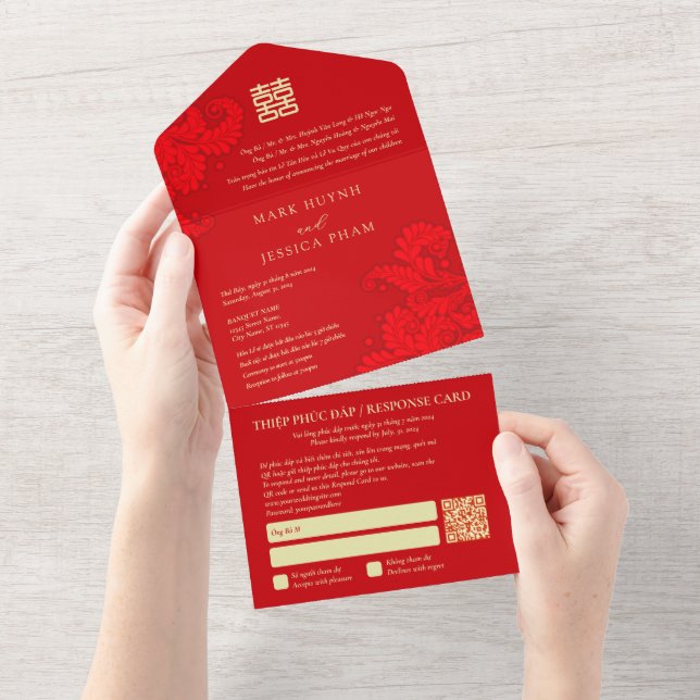 Invitation Tout En Un Bilingual Vietnamese English Red Wedding All In On (Déchirure)