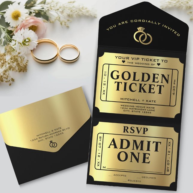Invitation Tout En Un Billet d'or Mariage noir et or (Golden Ticket Black & Gold Wedding All In One Invitation
)