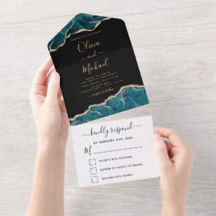 Invitation Tout En Un Black Agate Aqua Turquoise Blue Gold Mariage
