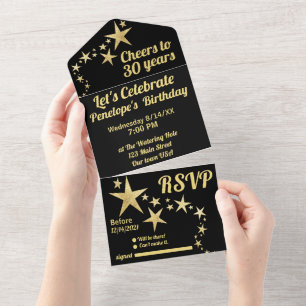 Invitation Tout En Un Black and Gold Stars à 30 ans Anniversaire
